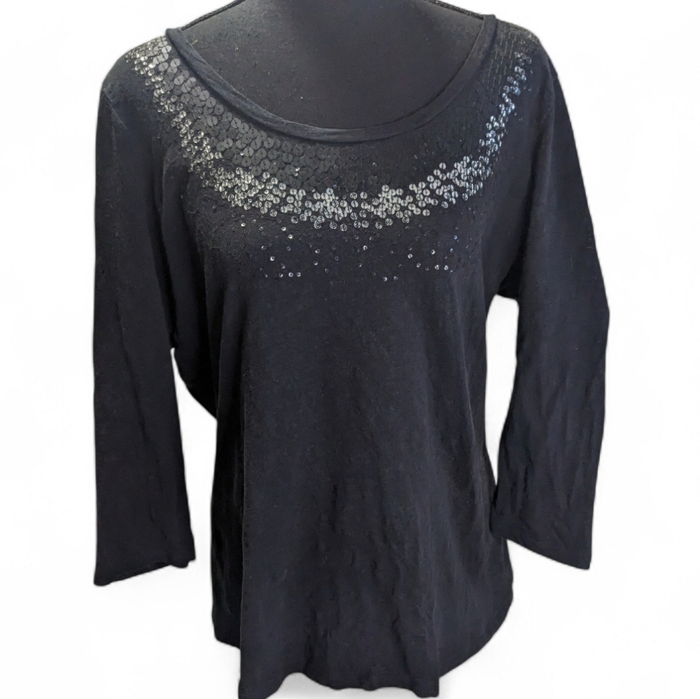 Talbots Women's 3/4 Sleeve Black Sequined Cotton Top Size X